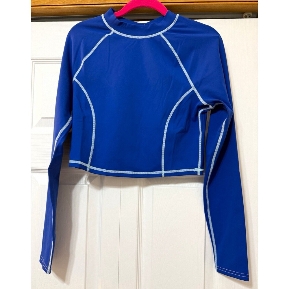 NWT Fabletics Yasmin Mock Neck Long Sleeve Cropped Active Top Blue Size L